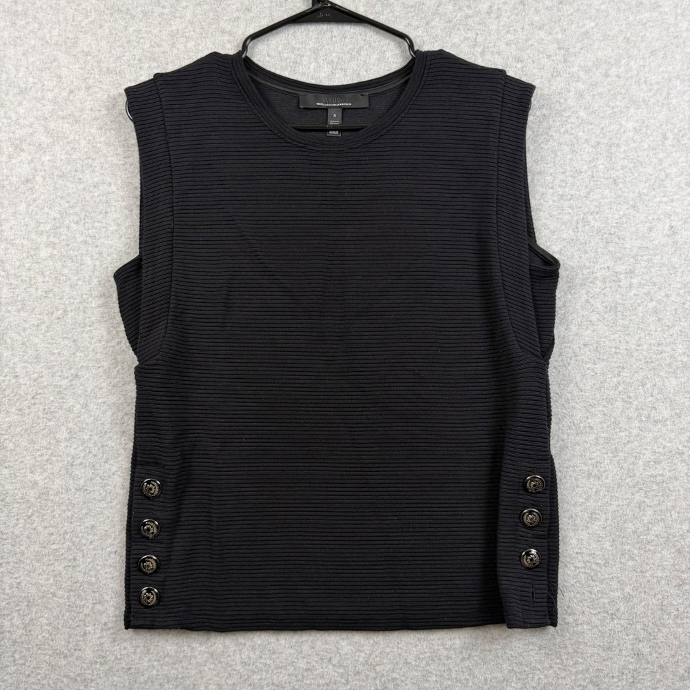 White House Black Market Ribbed Shell Top Womens Size S Black Button Side Knit